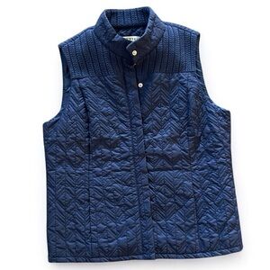 Orvis Navy Blue Quilted Cable Knit Sweater Vest Women’s Sz S Zipper Snap Front